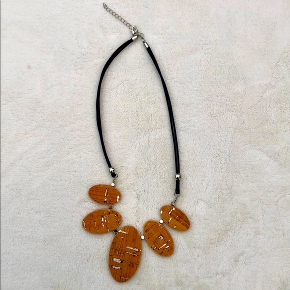 Bohemian Necklace Cork & Silver Metal Black Oval - Picture 1 of 7